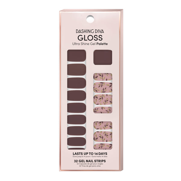  Cocoa brown and dusty rose nail strips featuring gold glitter and vine accents with a glossy, high-shine finish.