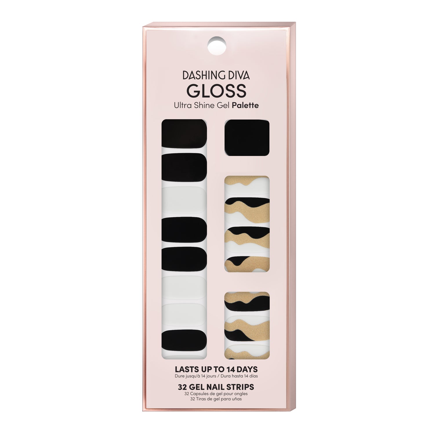 Black and white nail strips featuring gold pearl abstract waves with a glossy, high-shine finish.