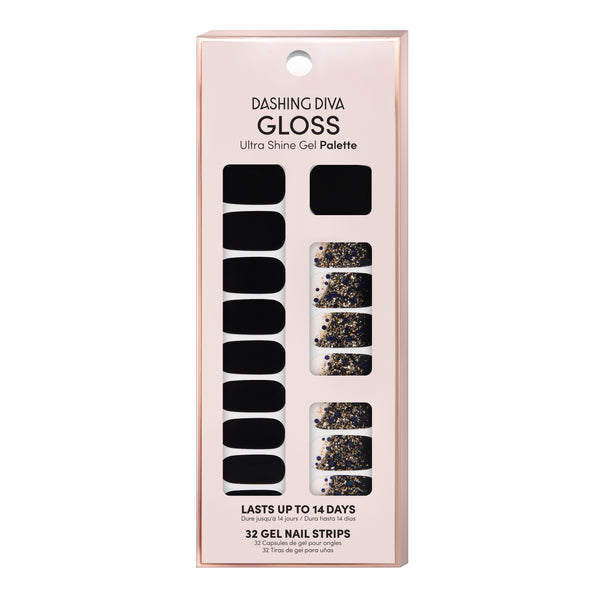  Black nail strips featuring gold foil, gradient french tips with a glossy, high-shine finish.