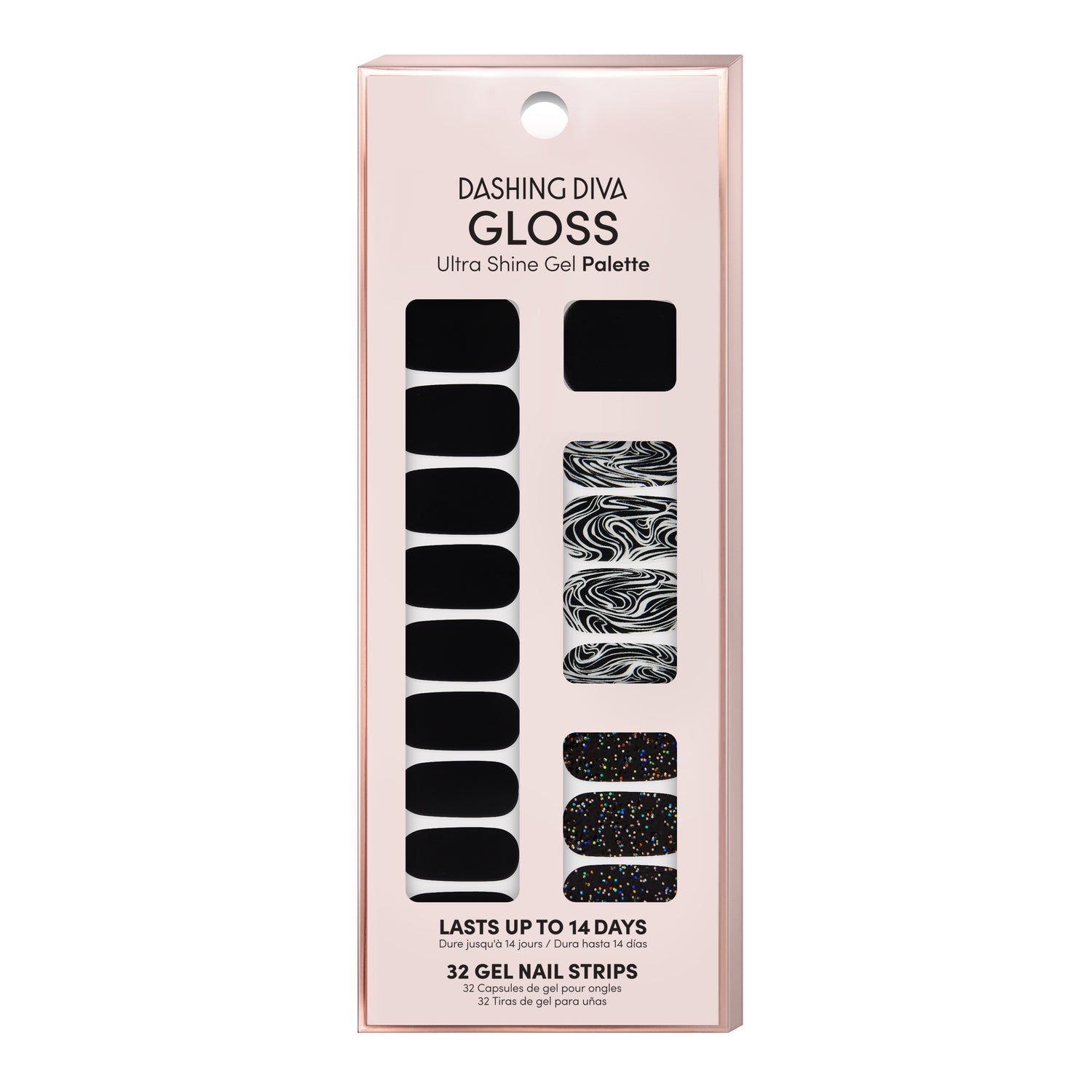Black nail strips featuring black & white marbling and black glitter with a glossy, high-shine finish.