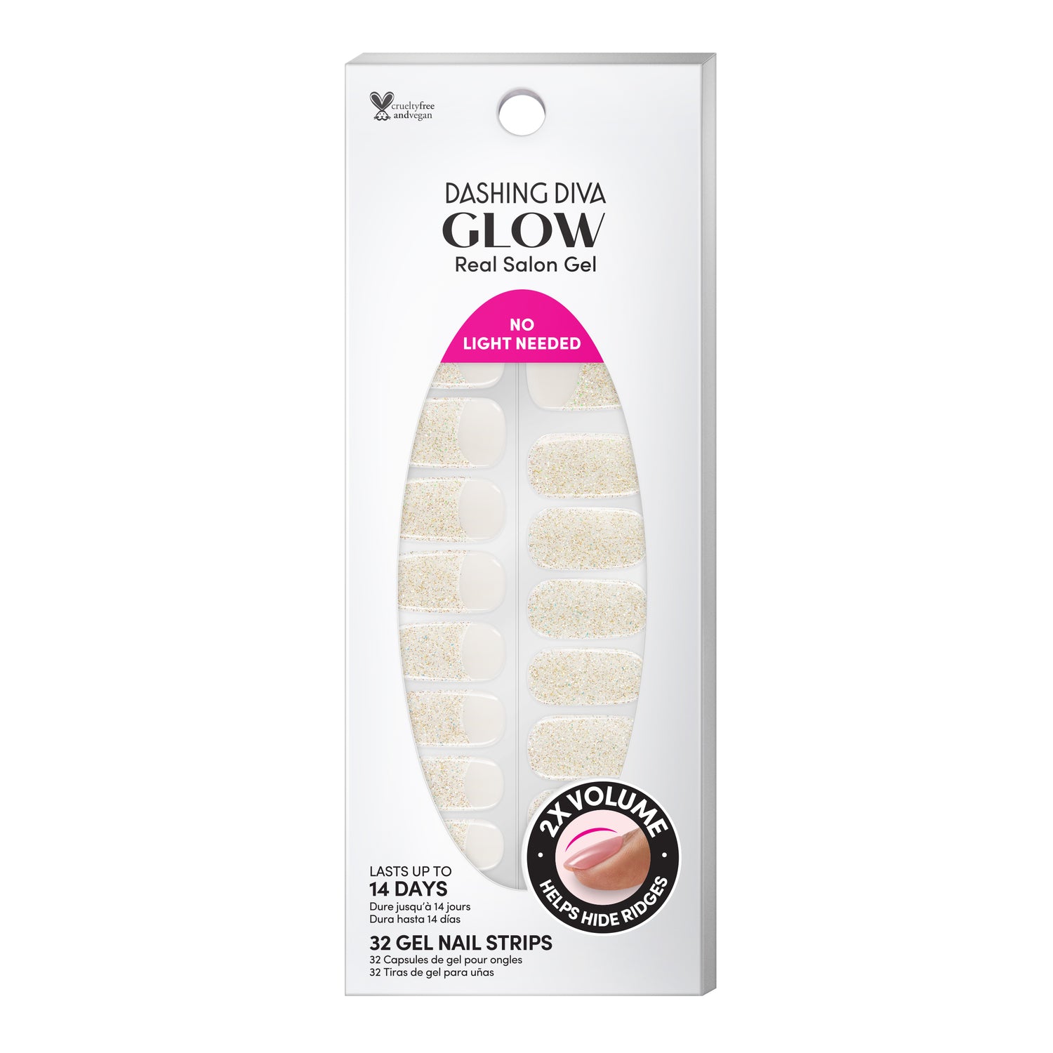 Sheer beige gel nail strips featuring iridescent champagne glitter and glittered french tips with a double gel formula with an ultra-smooth finish.