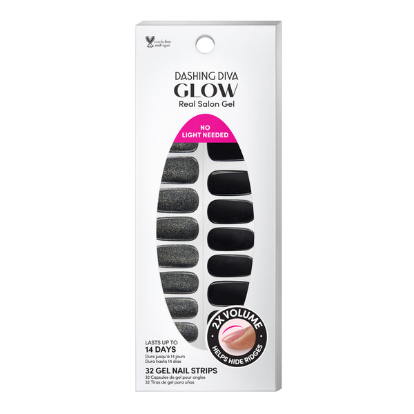 Black gel nail strips featuring a shimmery velvet effect with a double gel formula for an ultra-smooth finish.