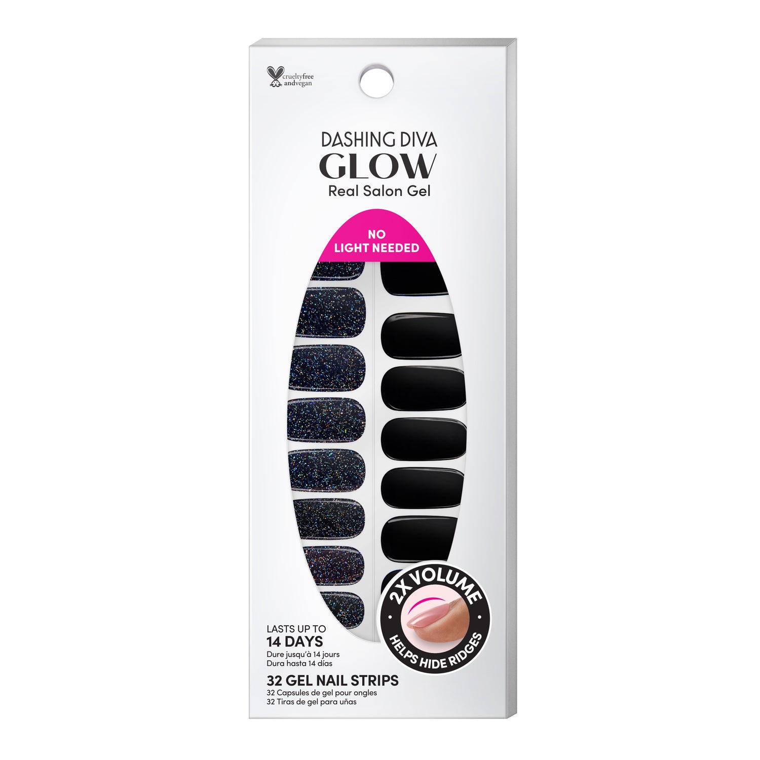 Glittered black gel nail strips with a double gel formula for an ultra-smooth finish.