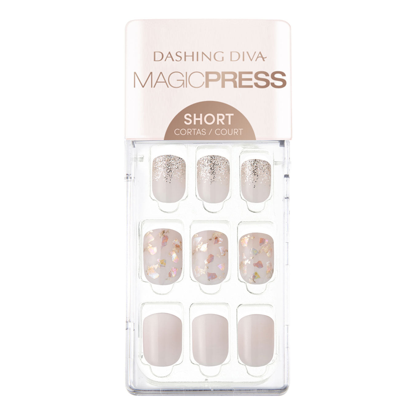 Dashing Diva MAGIC PRESS short, square neutral press on gel nails with mosaic and glitter accents.