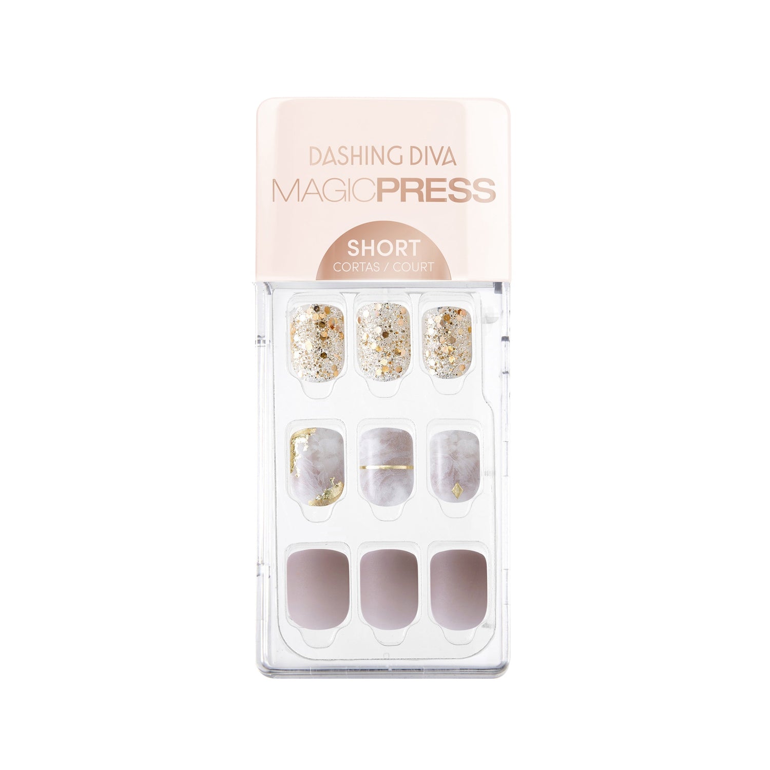Dashing Diva MAGIC PRESS short, square neutral nails with gold foil and chunky confetti glitter accents.