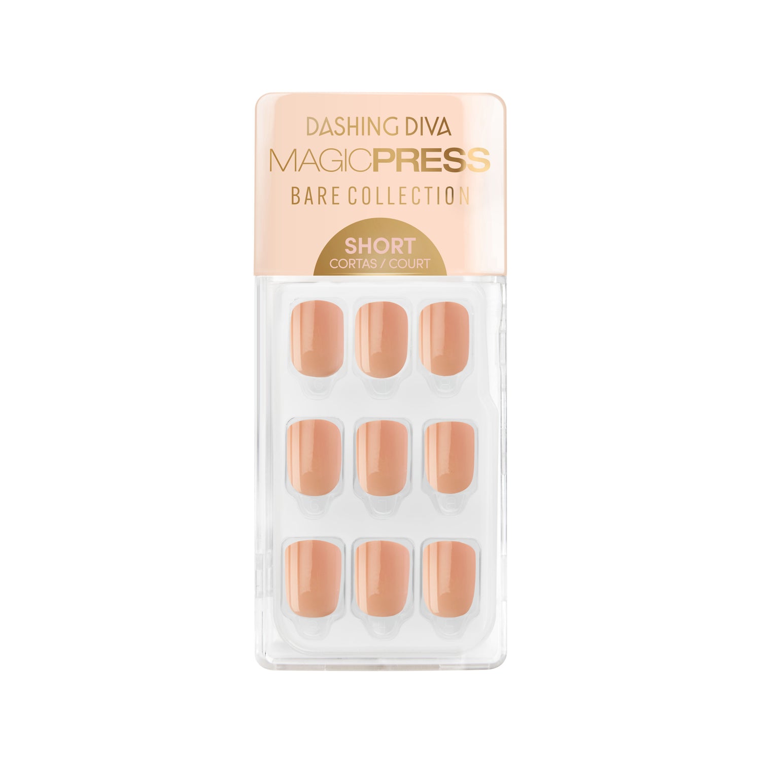 Short length, square shape, warm peachy-nude press-on gel nails featuring a sheer, glossy finish