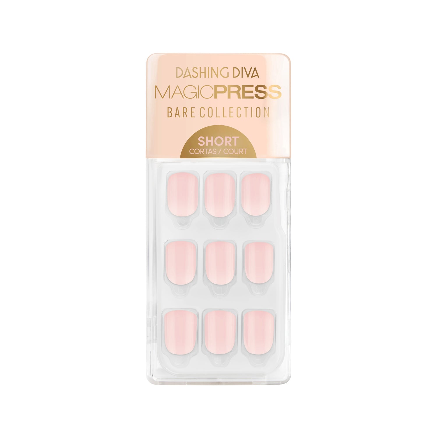 Short length, square shape, glossy finish. Nude pink press-on gel nails featuring a subtle ombré with a clear base.