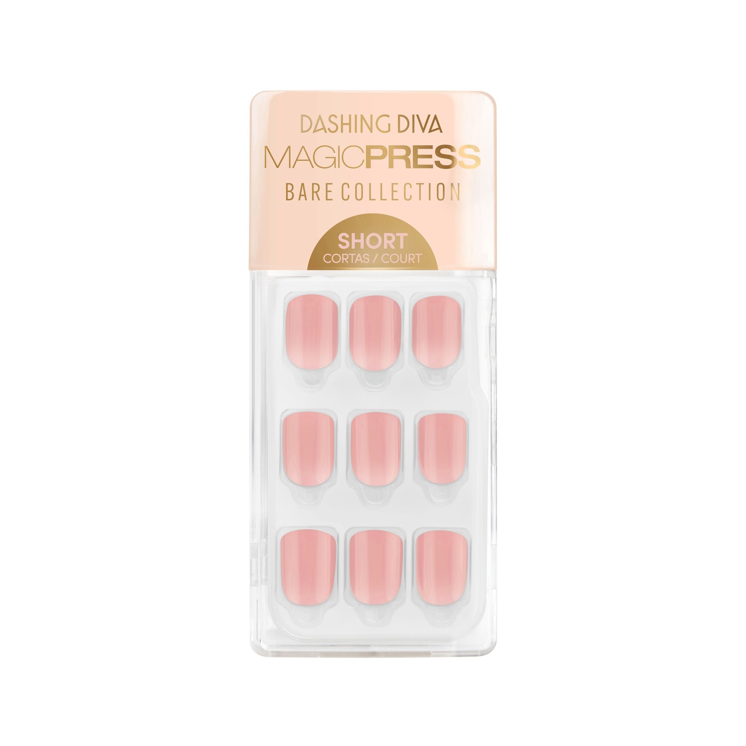 Short length, square shape, glossy finish. Nude rose press-on gel nails featuring a subtle ombré with a clear base.