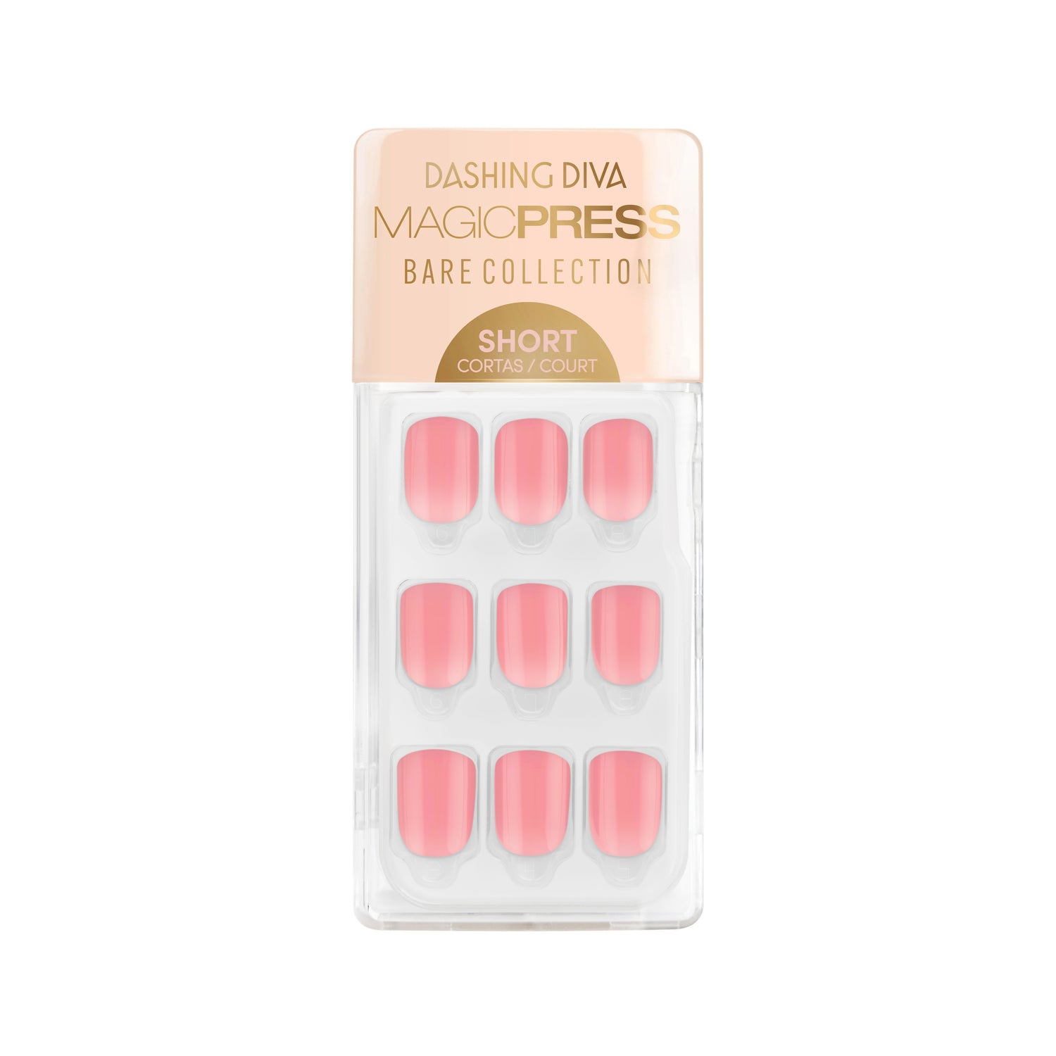 Short length, square shape, glossy finish. Mauve pink press-on gel nails featuring a subtle ombré with a clear base.