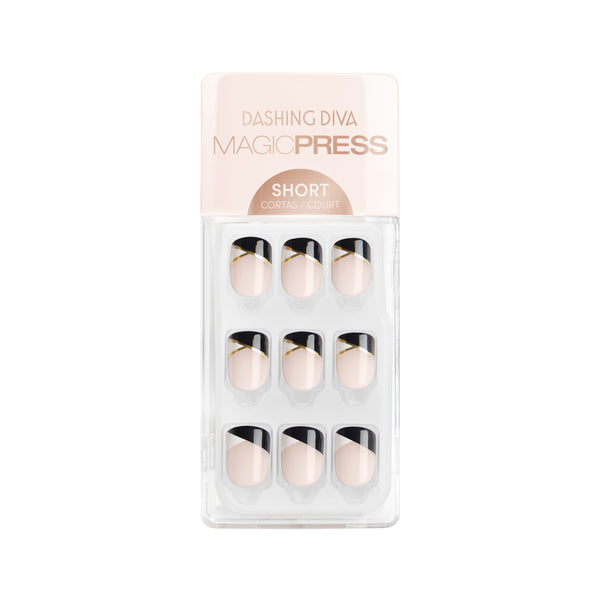 Short length, square shape, glossy finish. Semi-sheer nude press-on gel nails featuring black & white french tips with gold foil detailing.
