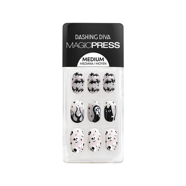  Medium length, almond shape, glossy finish. Sheer nude pink press-on gel nails featuring bats, black cats, and skull icons.