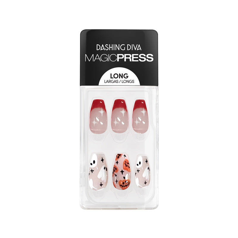  It's us, handing out the hottest nails on the block! Long length, coffin shape, glossy finish. Sheer nude press-on gel nails featuring black & orange french tips, ghost icons, and jack-o-lanterns.