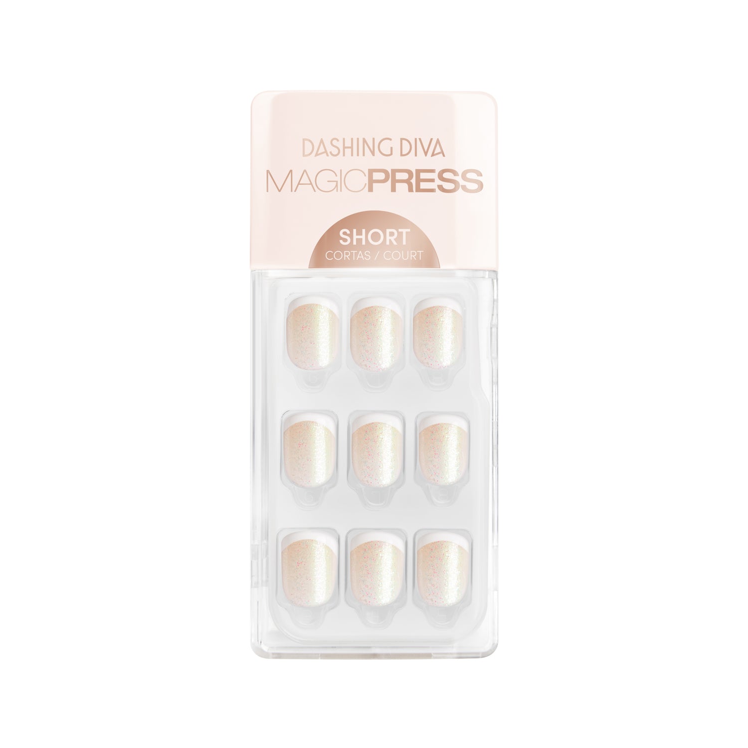 Short length, square shape, glossy finish. Light nude press-on gel nails featuring white french tips and iridescent glitter.