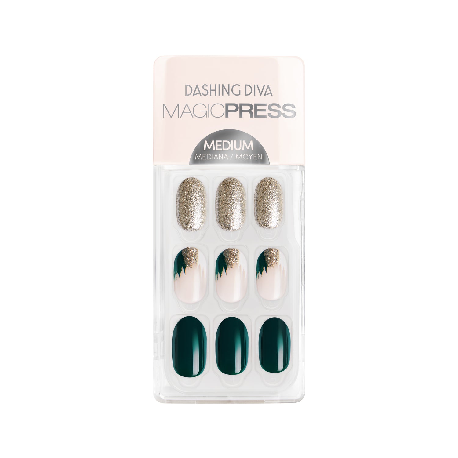 Medium length, oval shape, glossy finish. Deep green & semi-sheer nude press-on gel nails featuring gold glitter and airbrush french tip accents.