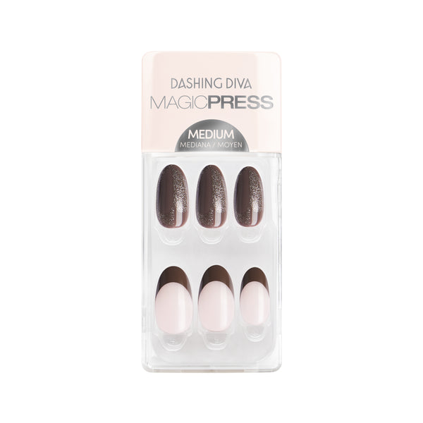 Medium length, almond shape, glossy finish. Cocoa brown & semi-sheer nude press-on gel nails featuring cocoa brown french tips and champagne glitter.