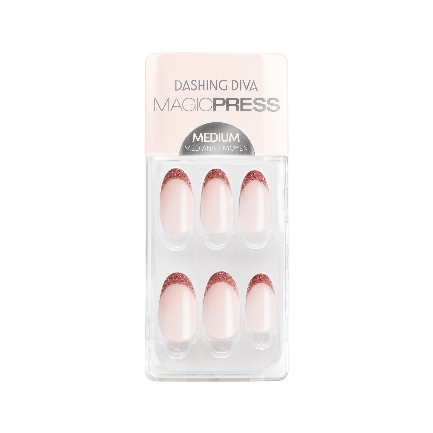 Medium length, almond shape, glossy finish. Semi-sheer peachy nude press-on gel nails featuring glittered pink french tips.