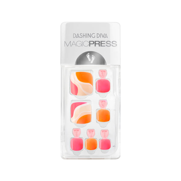  A sheer nude, neon pink, and neon orange press-on gel pedicure featuring abstract color blocking and wavy line art 