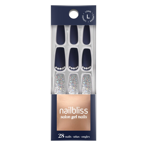 Dashing Diva nailbliss long coffin deep navy glue on gel nails with silver glitter accents and jewels.