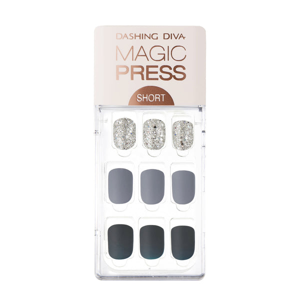 Dashing Diva MAGIC PRESS short, square dusty blue press on gel nails in matte finish with silver glitter accents.