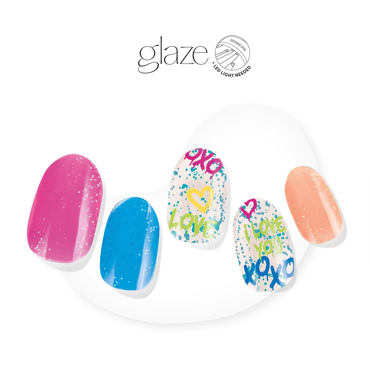 Dashing Diva GLAZE bright pink, blue, and orange semi cured jelly nails with airbrushed font accents.