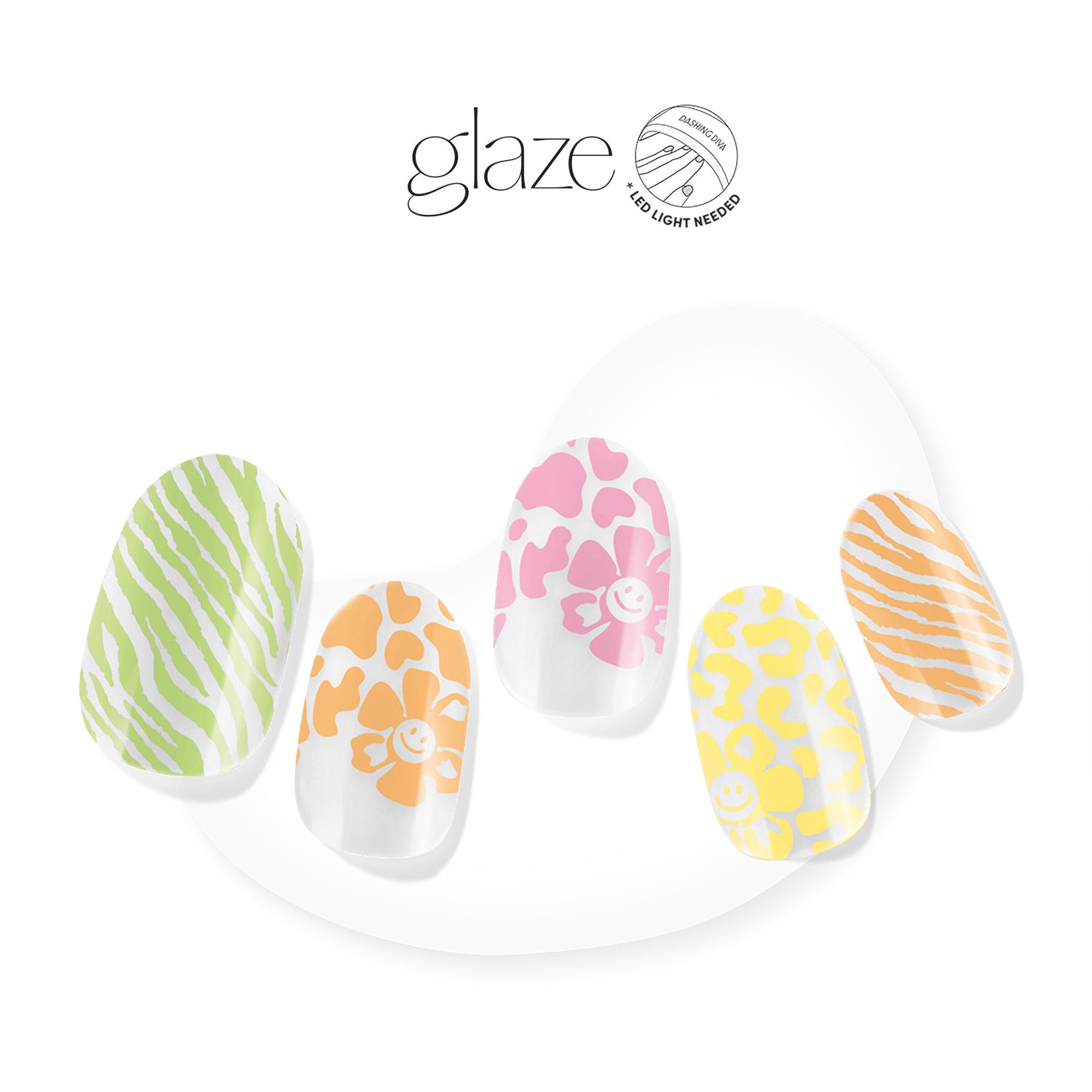 Dashing Diva GLAZE clear semi cured gel nail strips with Summery multi neon animal print and daisy smiley accents.