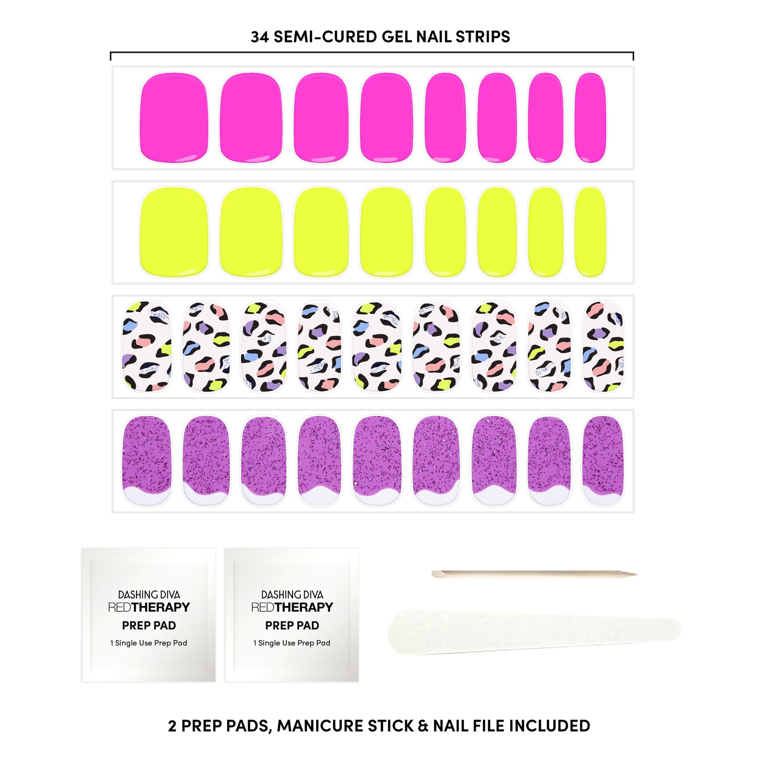 Nail sizing chart, neon colors, manicure stick, nail file