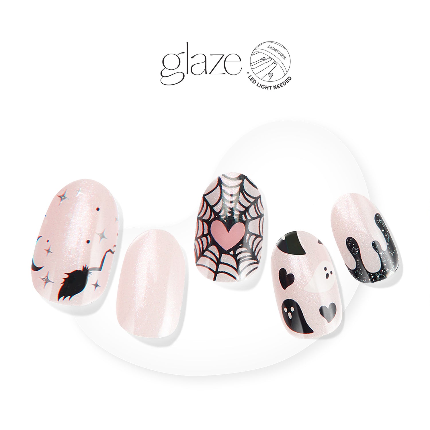 Dashing Diva Semi-cured iridescent pink gel nail strips featuring spider webs, drippy accents, witchy details