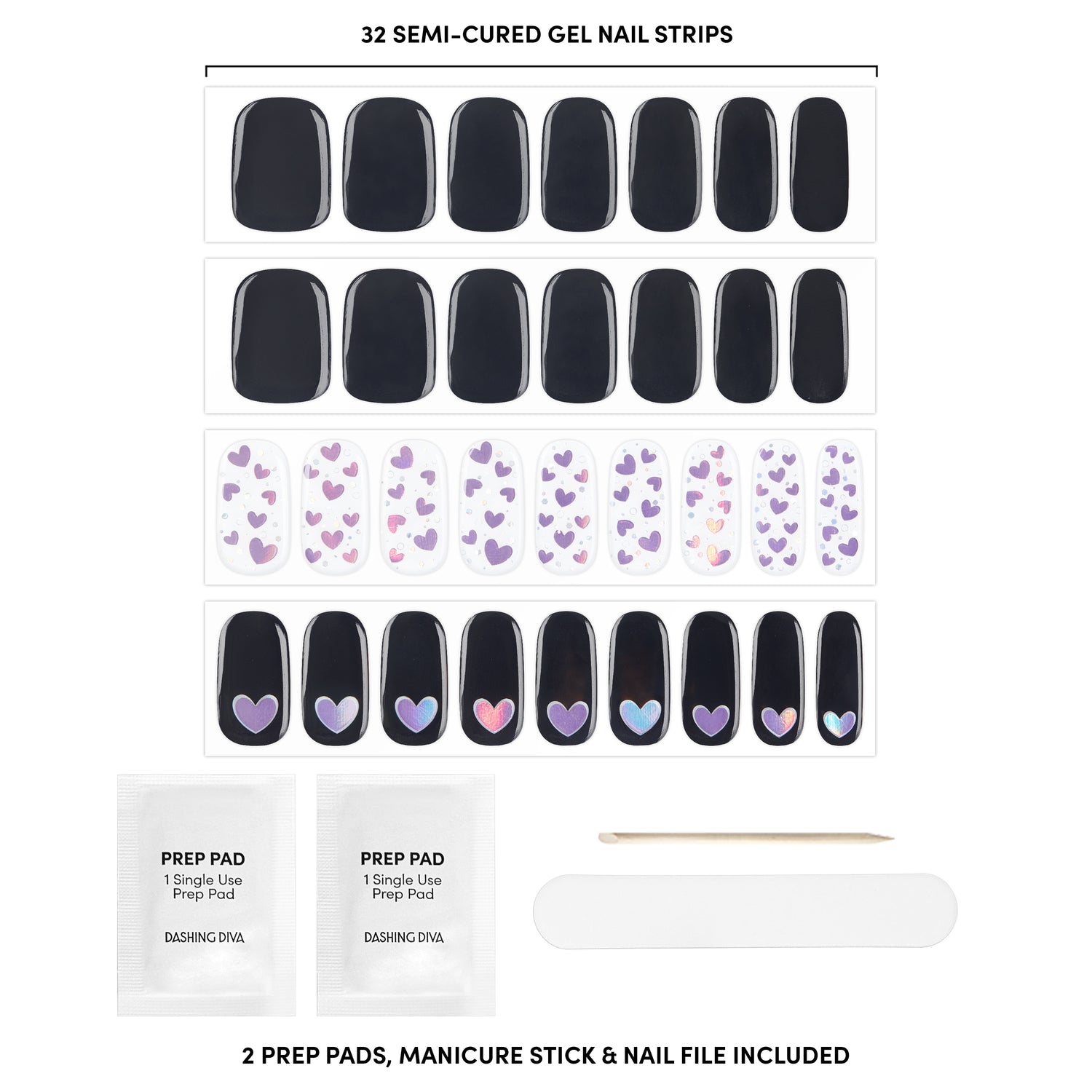 Semi-cured black gel nail strips featuring reflective purple hearts. Nail file, Prep Pad and wooden stick included. 