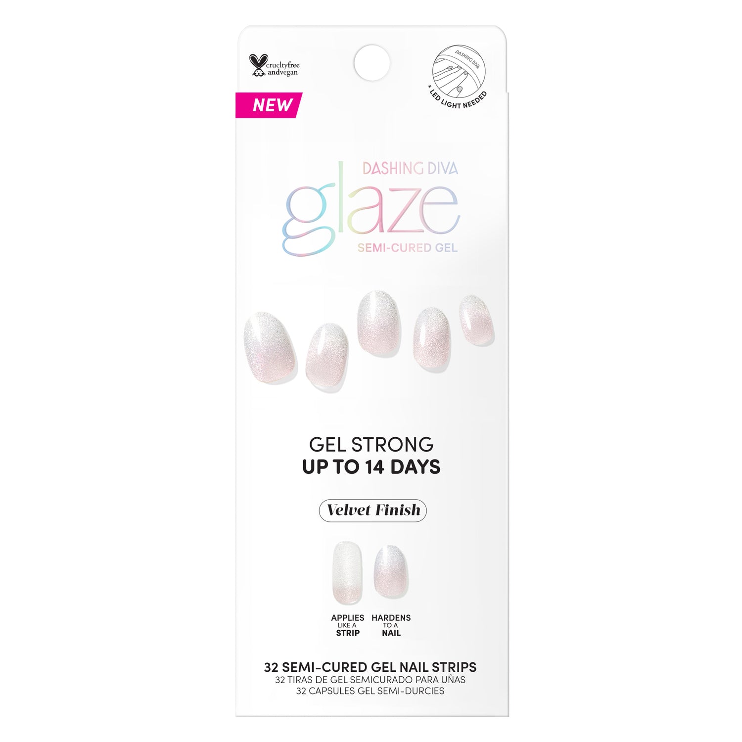 Semi-cured white ombré gel nail strips featuring velvet shimmer with mega volume and maximum shine.