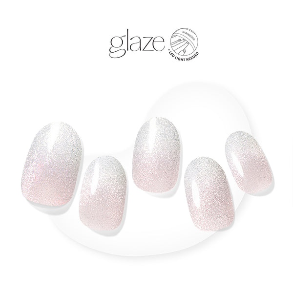 Semi-cured white ombré gel nail strips featuring velvet shimmer with mega volume and maximum shine.
