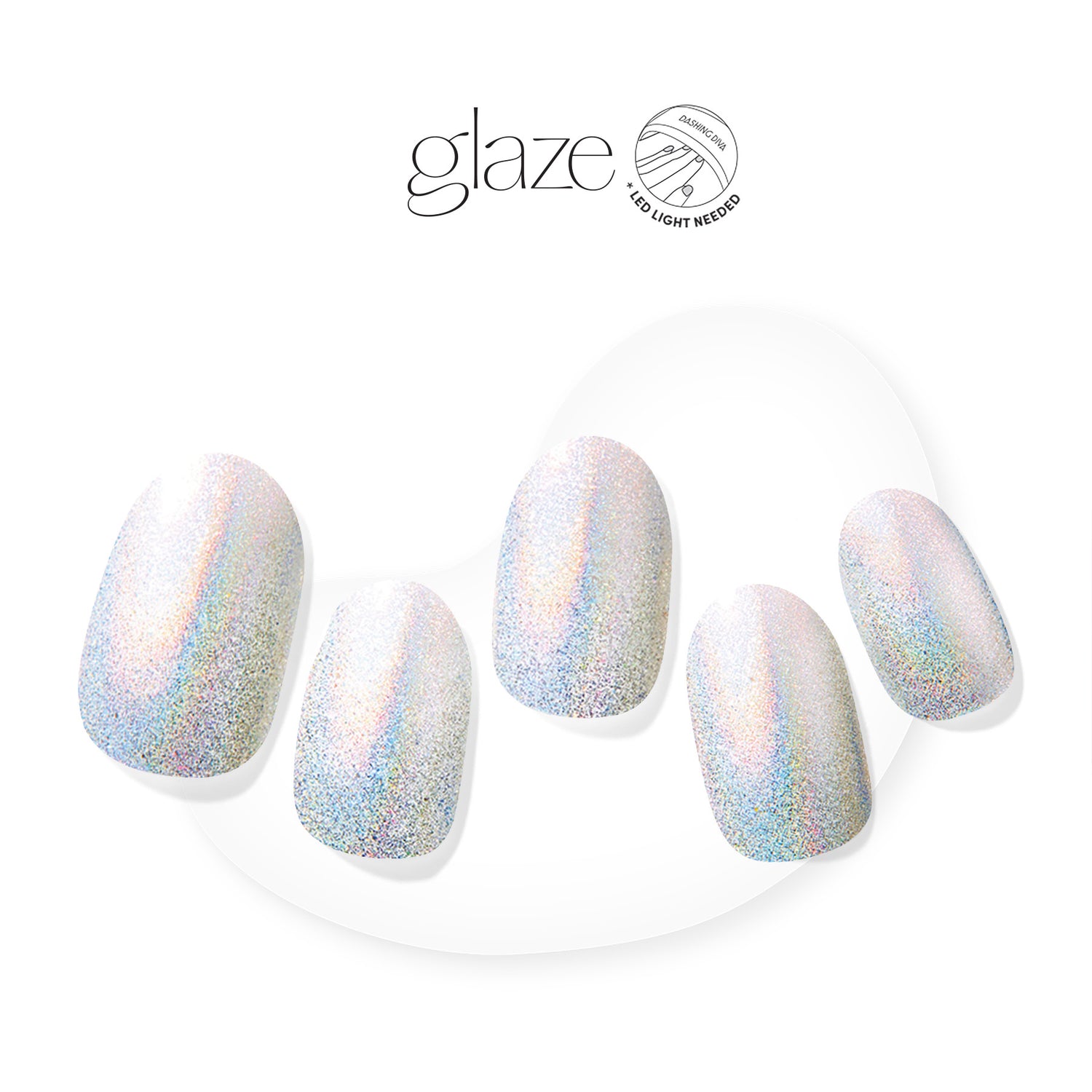 Semi-cured iridescent silver gel nail strips featuring holographic shimmer with mega volume and maximum shine.