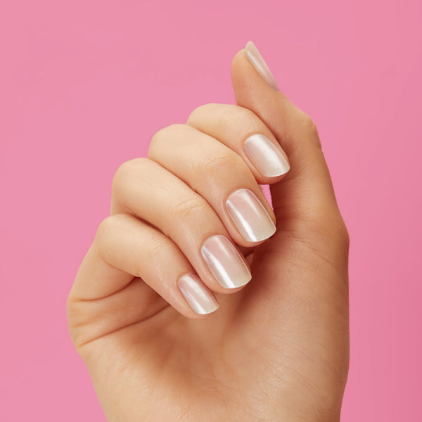 Semi-cured pink to white ombre French gel nail strips featuring a shimmery chrome finish with mega volume & maximum shine.