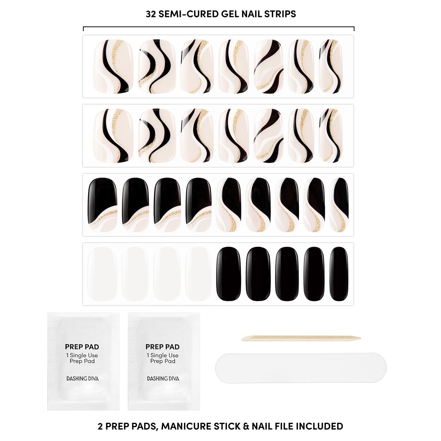  Semi-cured sheer nude gel nail strips featuring black & white abstract waves and gold glitter with mega volume & maximum shine.