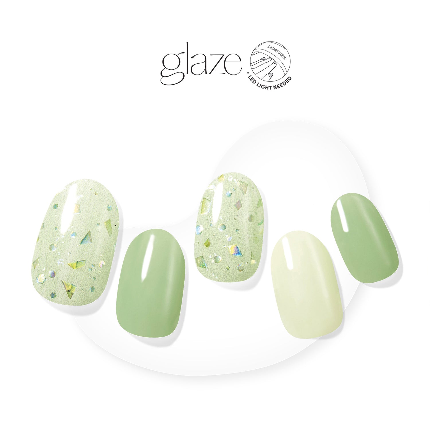 Dashing Diva GLAZE spring green semi cured gel nail strips with shattered glass accents.