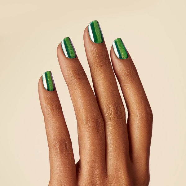 Semi-cured green metallic chrome gel nail strips with mega volume & maximum shine.