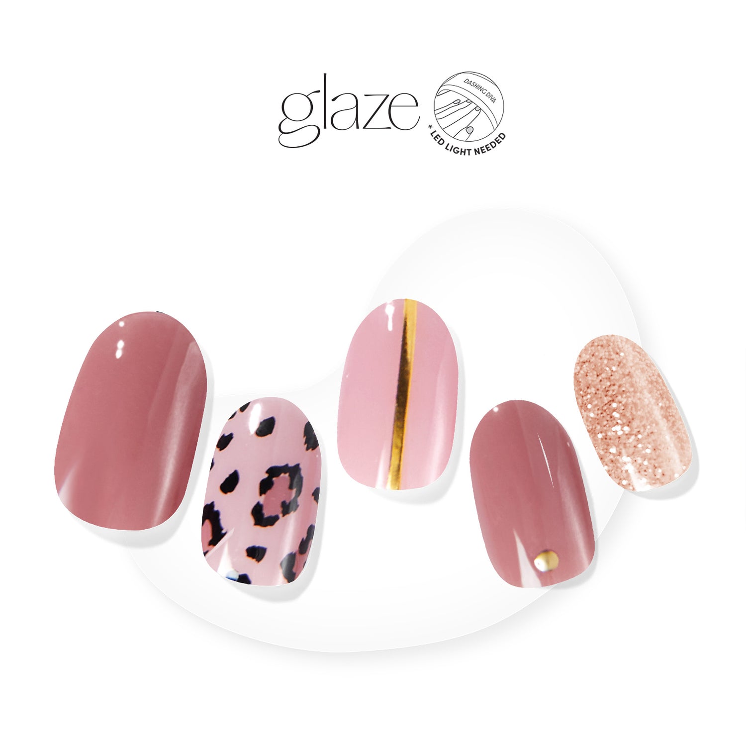 Dashing Diva GLAZE rose pink semi cured gel nail strips with cheetah print, gold metallic, and glitter accents.