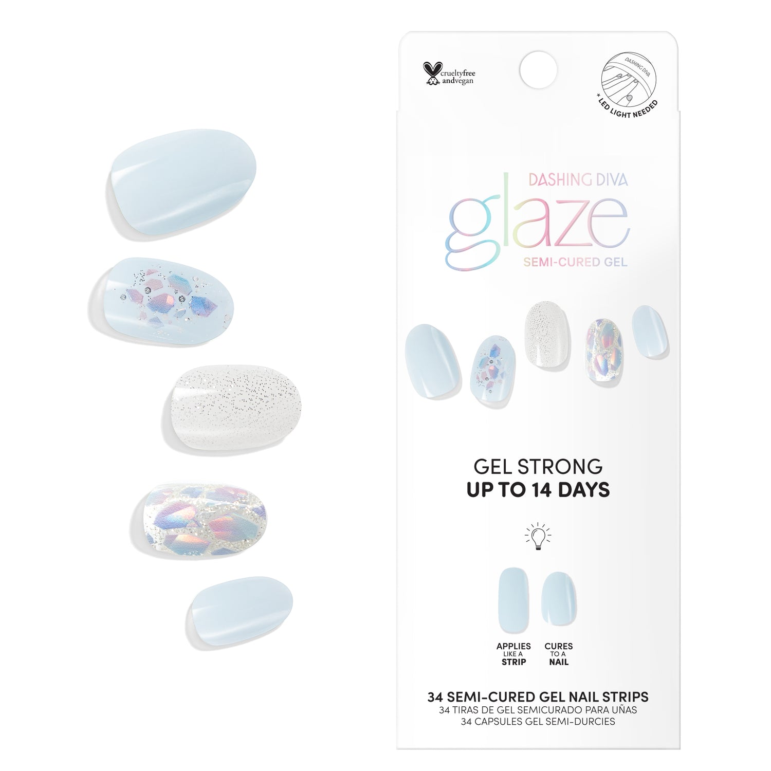 Dashing Diva GLAZE Spring baby blue semi cured gel nail stirps with iridescent mosaic accents
