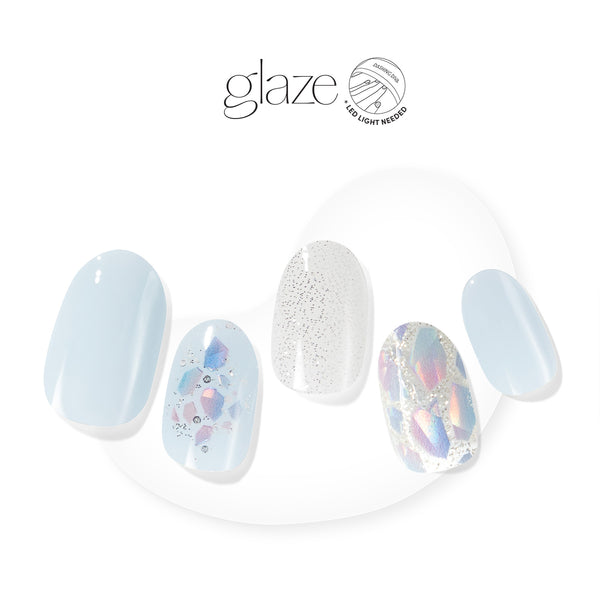 Dashing Diva GLAZE baby blue semi cured gel nail strips with shattered glass mosaic accents.