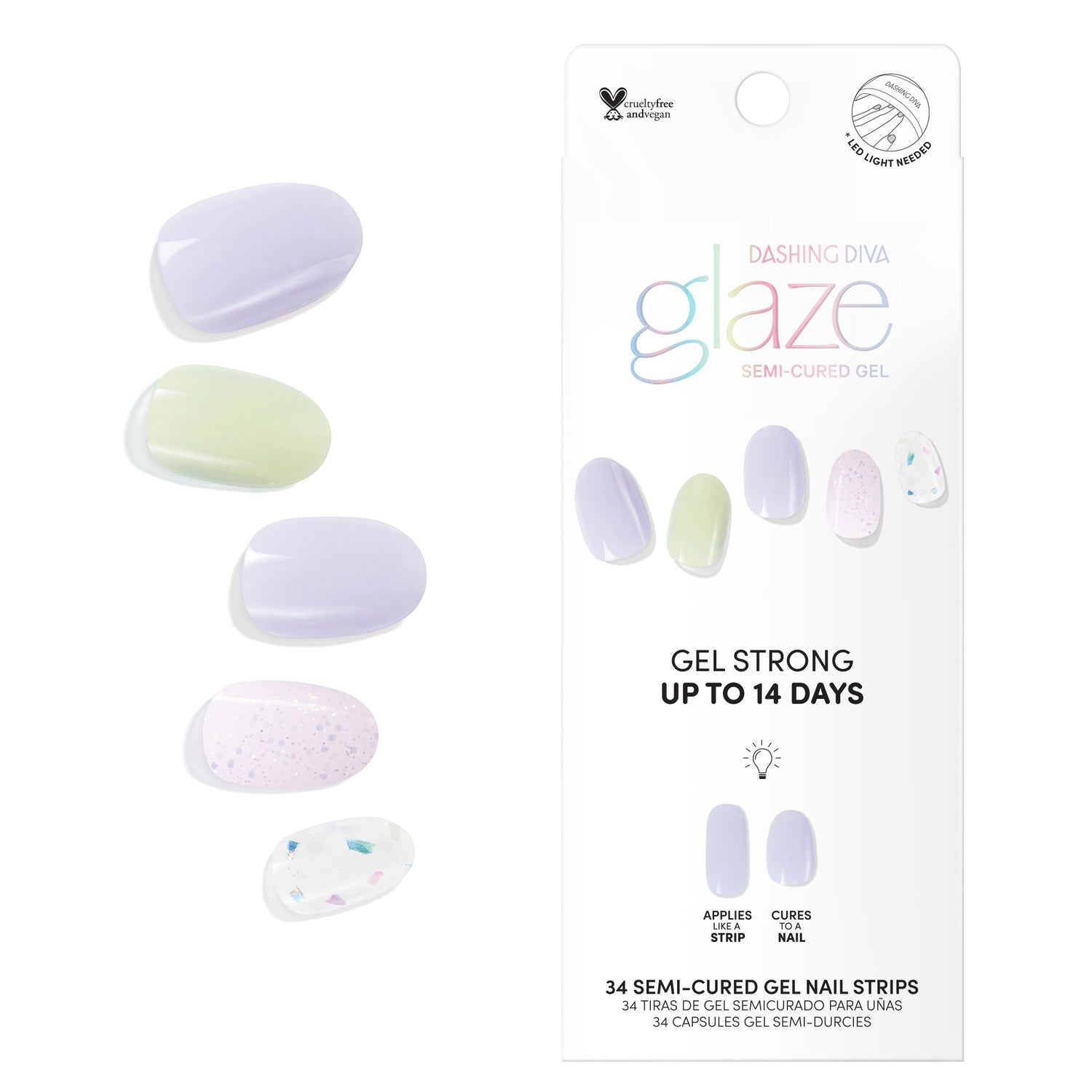Dashing Diva GLAZE Spring purple and green semi cured gel nail strips with iridescent mosaic accents.