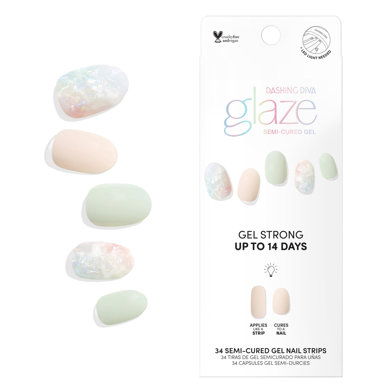 Dashing Diva GLAZE Spring green and beige semi cured gel nail strips with multicolor marble accents