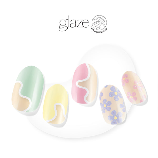 Dashing Diva GLAZE Spring pastel abstract semi cured gel nail strips with floral accents.