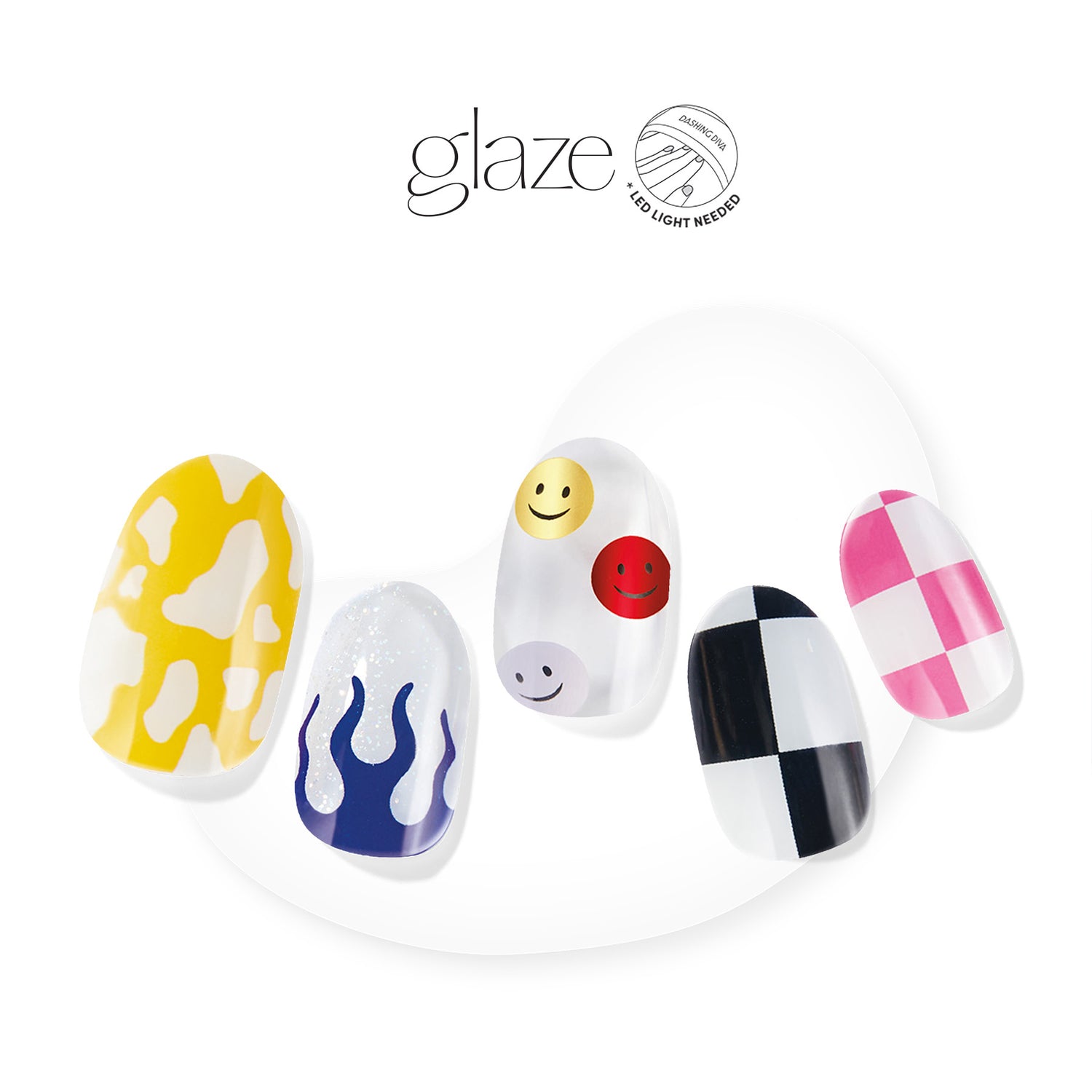 Dashing Diva GLAZE trendy Y2K inspired multicolor gel nail strips with flames, smileys, & checkerboard print.