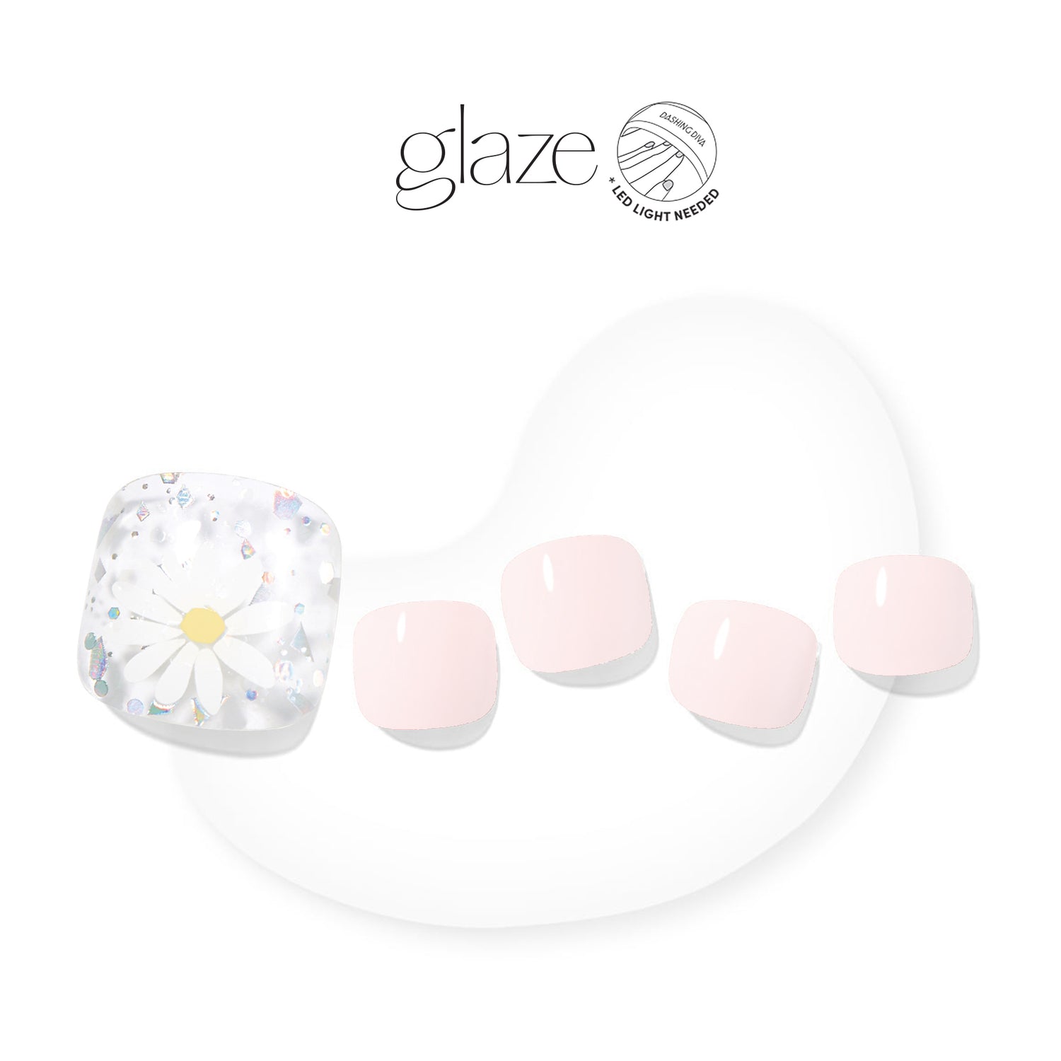 Dashing Diva GLAZE baby pink semi-cured gel pedicure strips with daisies & iridescent mosaic accents