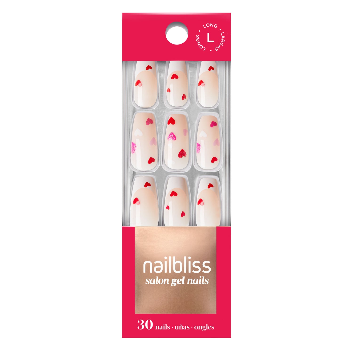  Long length, coffin shape, glossy finish nude & white glue-on nails featuring a white French tip and floating hearts
