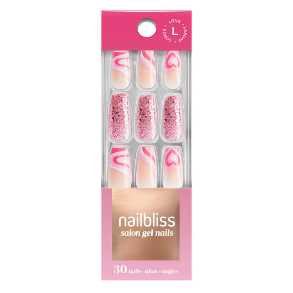 Long length, coffin shape, glossy finish nude glue-on nails featuring pink glitter, swirly heart designs, and a colorful French tip 