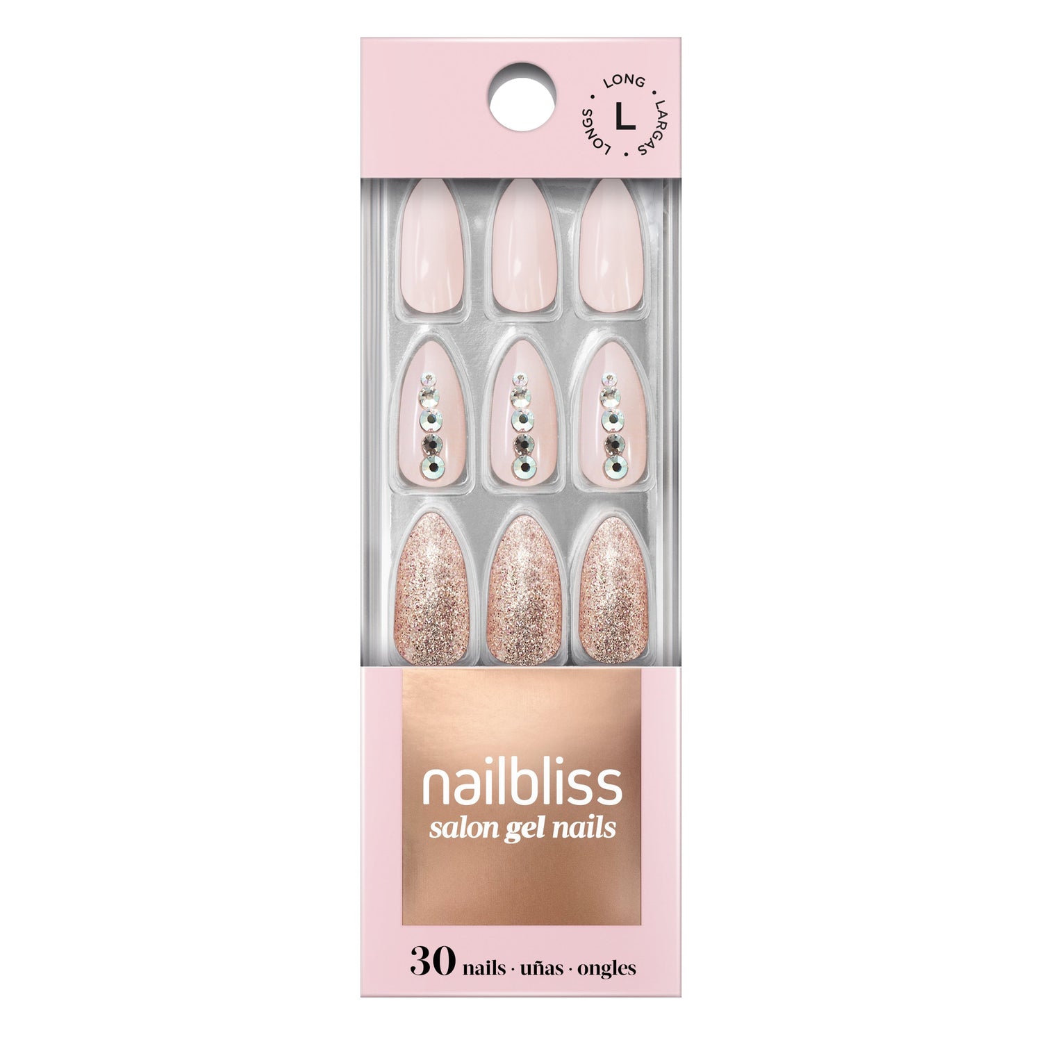 Dashing Diva nailbliss long stiletto baby pink glue-on gel nails with rhinestone and silver glitter accents.