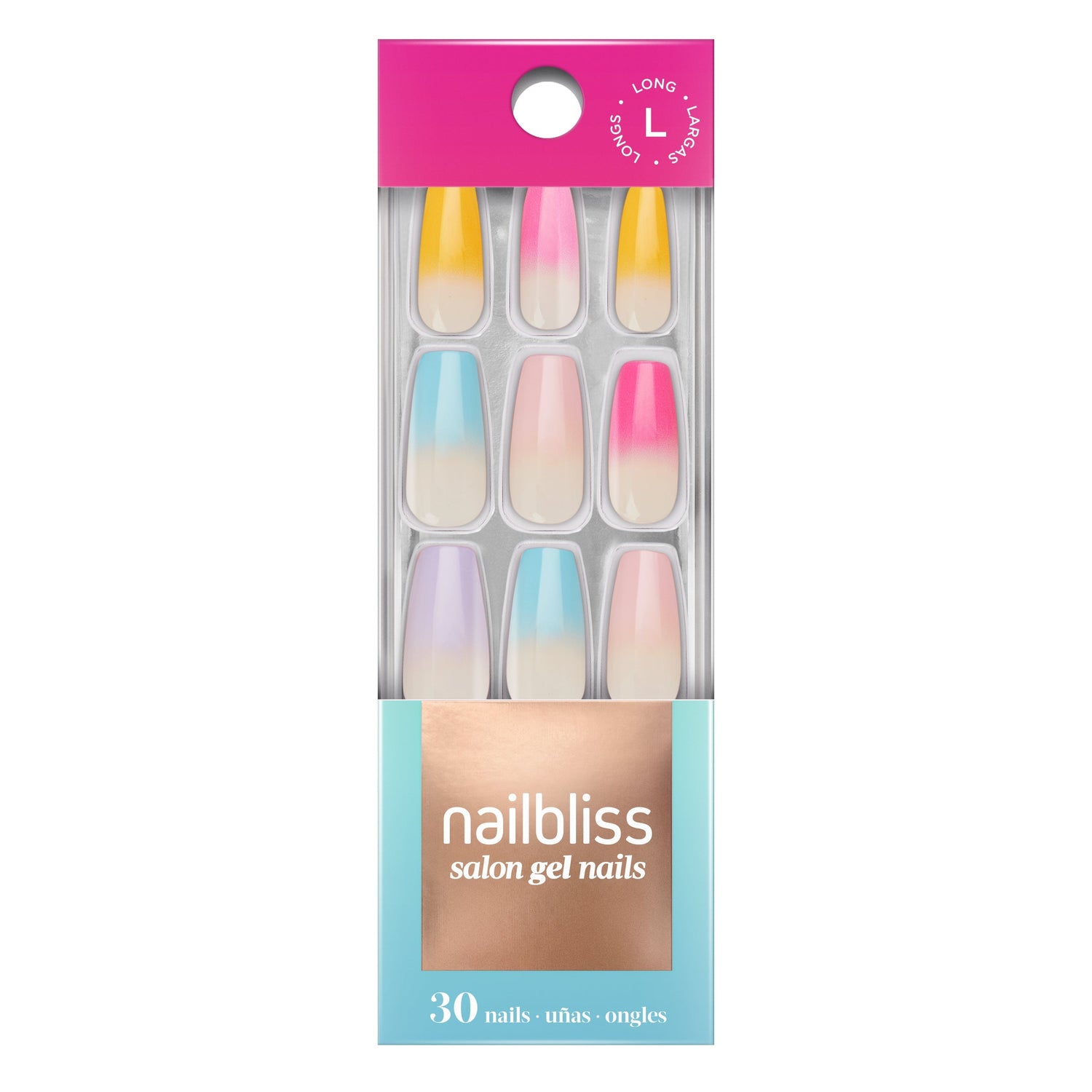 Dashing Diva nailbliss long, coffin, neutral to multicolor ombre glue-on gel nails.