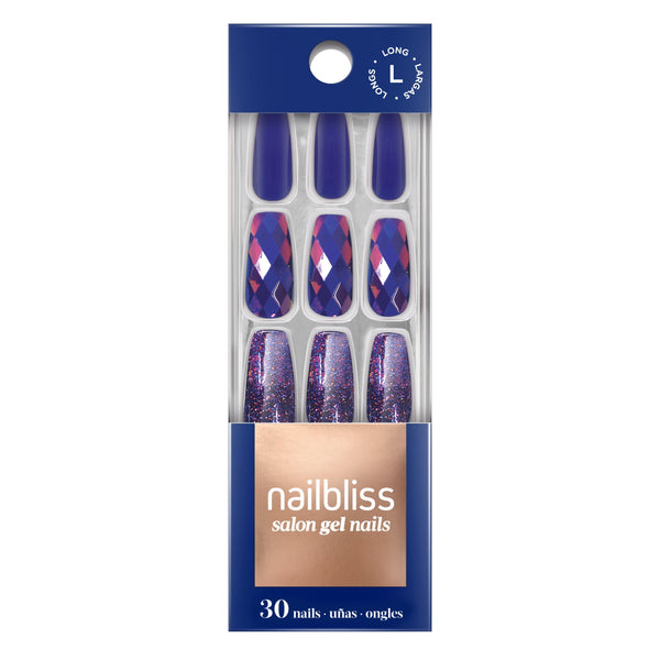 Dashing Diva nailbliss long, coffin, indigo blue glue- on gel nails with faceted blue-purple and multi glitter accent nails.