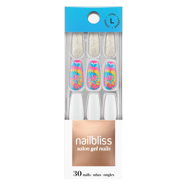 Dashing Diva nailbliss long, coffin, white and multicolor tie-dye glue-on gel nails with silver glitter accents.