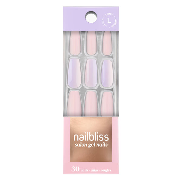 Dashing Diva nailbliss long, coffin, baby pink and lavender ombre glue-on gel nails.